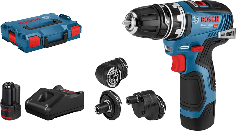 Bosch GSR 12V-35 FC akkuporakone ja sen lisälaitteet.