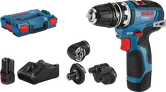 Bosch GSR 12V-35 FC akkuporakone ja sen lisälaitteet.