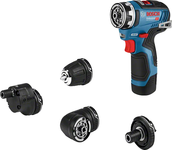 Bosch GSR 12V-35 FC porakone, jossa on neljä vaihdettavaa päätä.