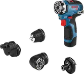 Bosch GSR 12V-35 FC porakone, jossa on neljä vaihdettavaa päätä.