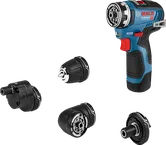 Bosch GSR 12V-35 FC porakone, jossa on neljä vaihdettavaa päätä.