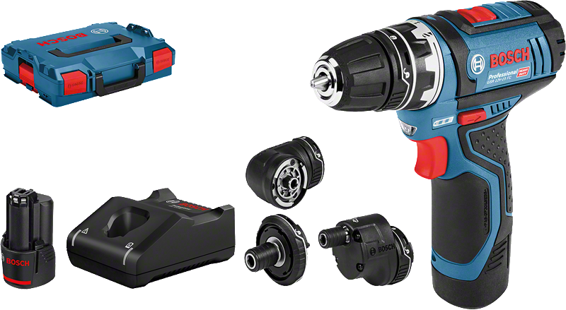 Bosch GSR 12V-15 FC akkuporakone ja sen lisälaitteet.