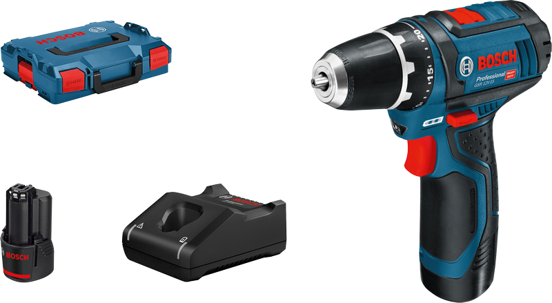 Bosch GSR 12V-15 akkuporakonesarja akulla ja laturilla.