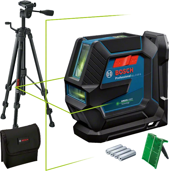Bosch GLL 2-15 G -laservaaituslaite jalustalla ja lisävarusteilla.