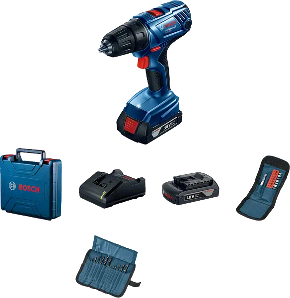 Bosch GSR 180-LI akkuporakone/ruuvinväännin, kotelo ja tarvikkeet.