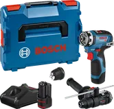 Bosch GSR 12V-35 FC akkuporakone ja ruuvinväännin lisävarusteineen.