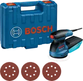 Bosch GEX 125-1 AE epäkeskohiomakone kotelossa ja hiomalaikoilla.