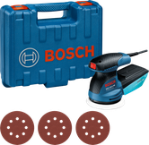 Bosch GEX 125-1 AE epäkeskohiomakone kotelossa ja hiomalaikoilla.