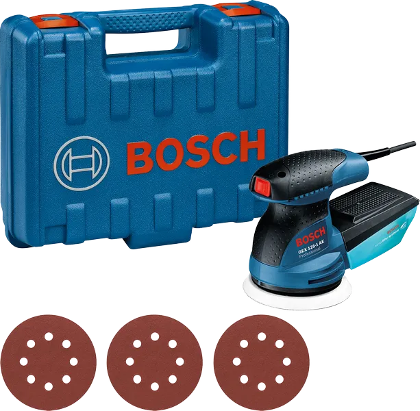 Bosch GEX 125-1 AE epäkeskohiomakone kotelossa ja hiomalaikoilla.