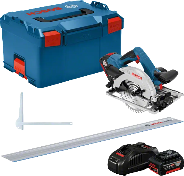 Bosch GKS 18V-57 G pyörösahasetti akulla ja laukulla.