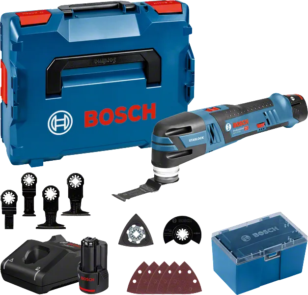 Bosch GOP 12V-28 akkukäyttöinen monitoimityökalusarja lisävarusteineen.