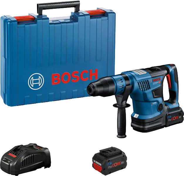 Bosch GBH 18V-36 C poravasara akulla, laturilla ja laukulla.