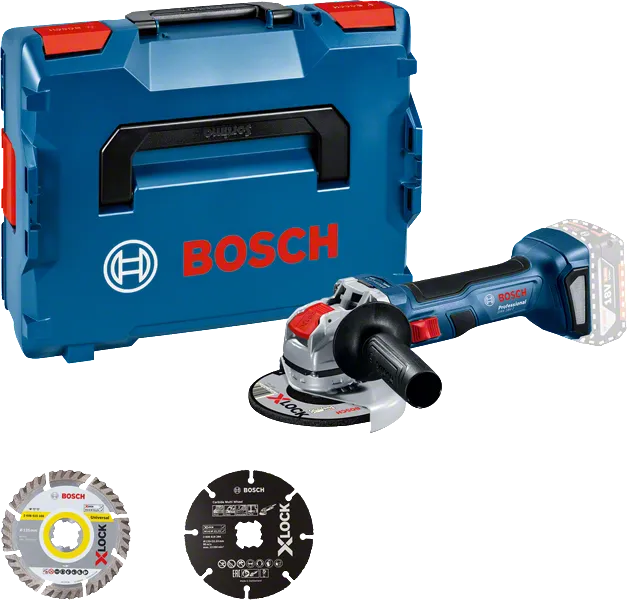 Bosch GWX 18V-7 kulmahiomakonesetti X-LOCK-laikoilla.