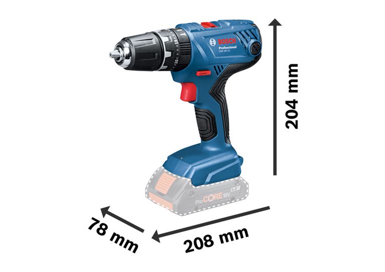 Bosch GSB 18V-21 akkuporakone kokomittoineen.