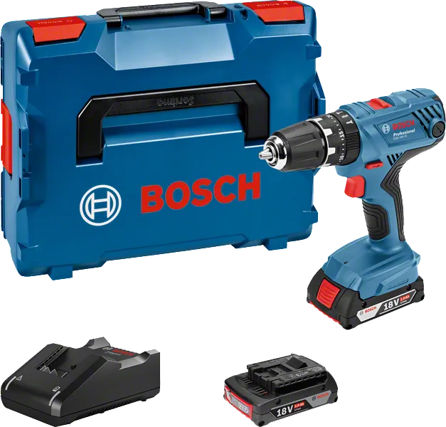 Bosch GSB 18V-21 akkuporakonesarja kotelolla ja laturilla.
