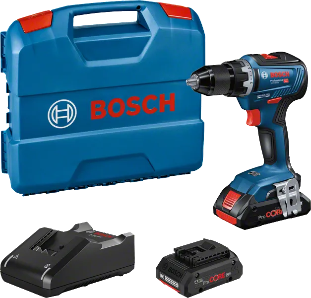 Bosch GSR 18V-55 akkuporakone/ruuvinväännin sarja kotelossa.