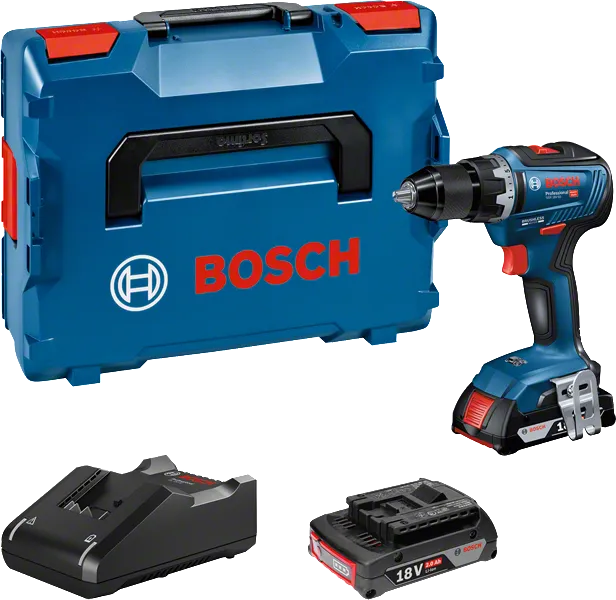 Bosch GSR 18V-55 akkuporakonesarja kotelolla ja akulla.