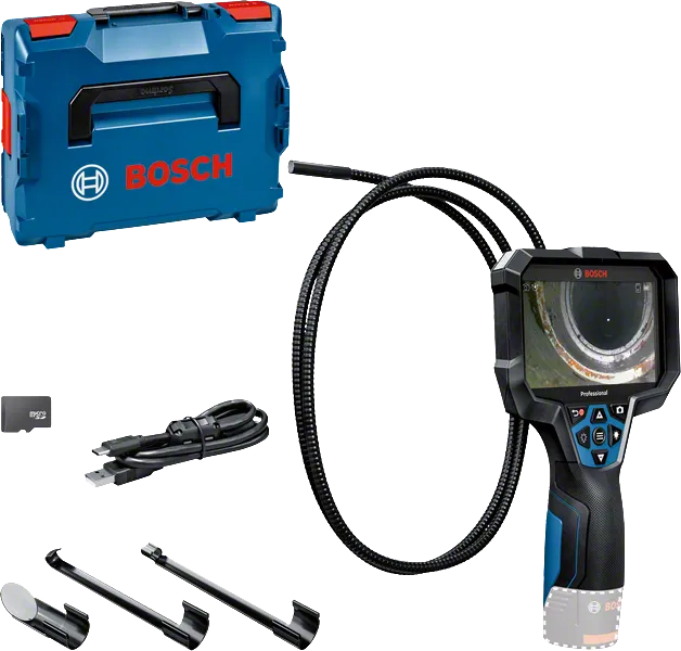 Bosch GIC 12V-5-27 C -tarkastuskamera näytöllä ja kotelolla.