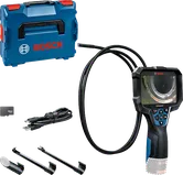 Bosch GIC 12V-5-27 C -tarkastuskamera näytöllä ja kotelolla.