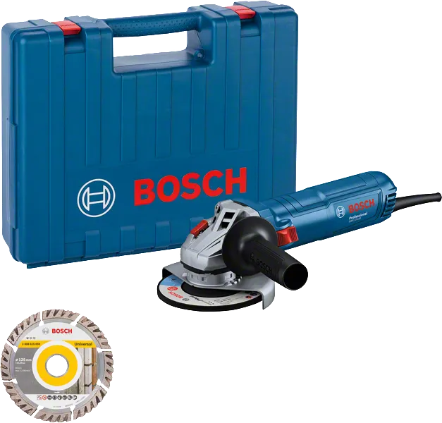 Bosch GWS 12-125 kulmahiomakone kotelolla ja laikalla.
