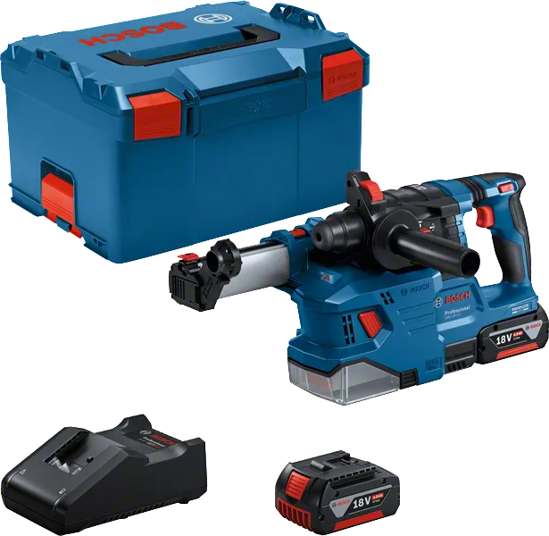 Bosch GBH 18V-22 poravasara akulla, laturilla ja laukulla.