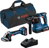 Bosch 18 V:n yhdistelmäsarja, johon kuuluu kulmahiomakone, poravasara, laturi ja laukussa.