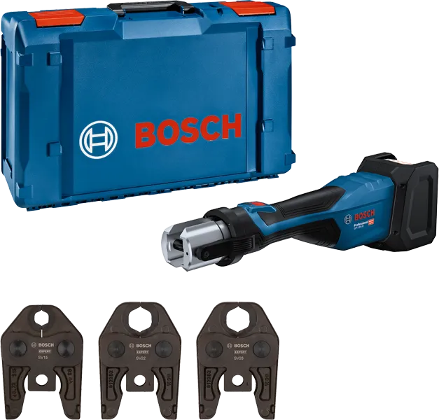 Bosch 18V-32 akkukäyttöinen puristustyökalu kotelolla ja leuoilla.