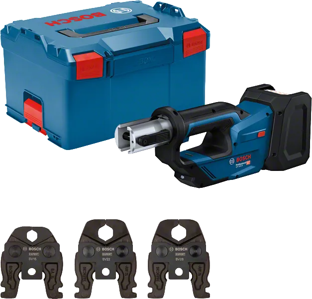 Bosch 18V-19 akkukäyttöinen puristustyökalu, mukana kotelo ja puristusleuat.