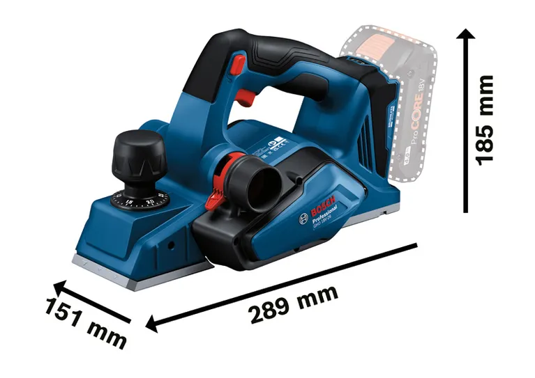 Bosch GHO 18V-26 akkuhöylä tarkoilla mitoilla.