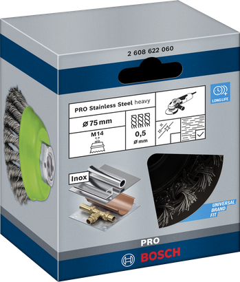 Bosch PRO ruostumattomasta teräksestä valmistettu kuppiharja 75 × 0,5 mm.