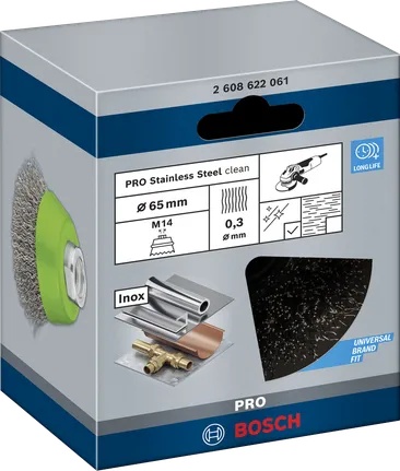 Bosch PRO ruostumattomasta teräksestä valmistettu puhdas kuppiharja 65 mm kulmahiomakoneille.