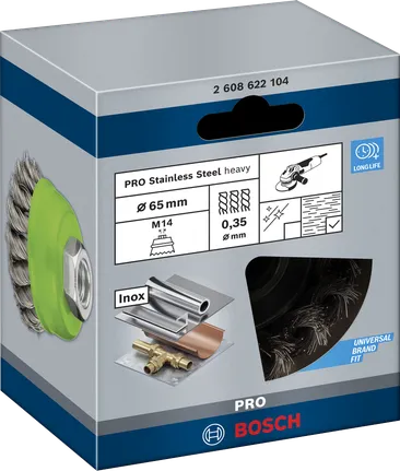 Bosch PRO ruostumattomasta teräksestä valmistettu kuppiharja 65 × 0,35 mm.