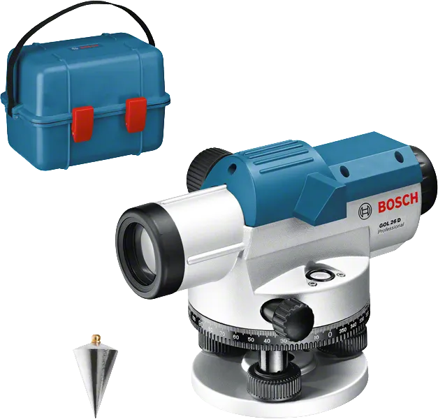 Bosch GOL 26 D optinen vatupassi kantolaukussa ja luotilaudassa.