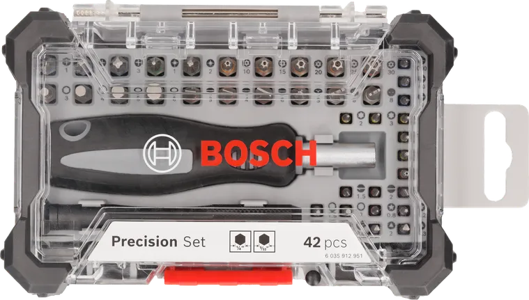Bosch tarkkuusruuvimeisselin kärkisarja, 42 osaa, vitriinissä.