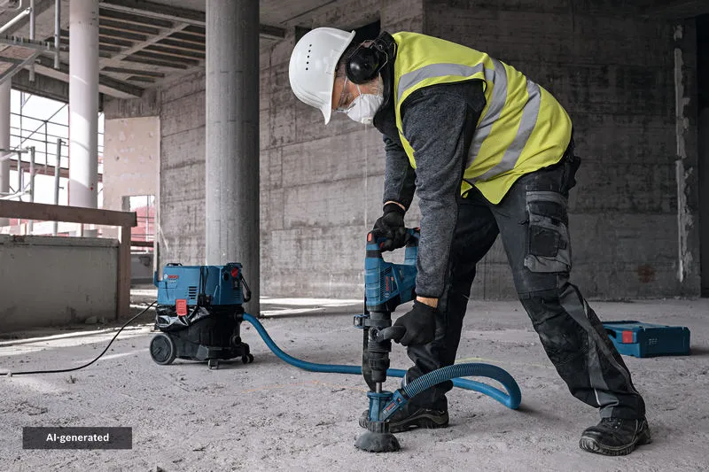Turvavarusteita käyttävä henkilö käyttää pölynimulaitetta poratessaan betonia.