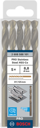Bosch PRO HSS-Co -kierukkaporanteräsarja 8,8 mm ruostumattomalle teräkselle.
