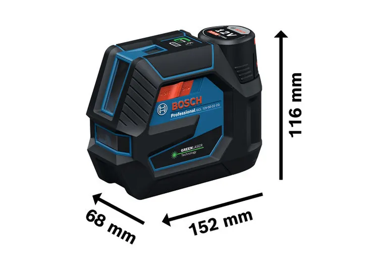 Bosch GCL 12V-50-22 CG -yhdistelmälaservaaituslaite mittoineen.