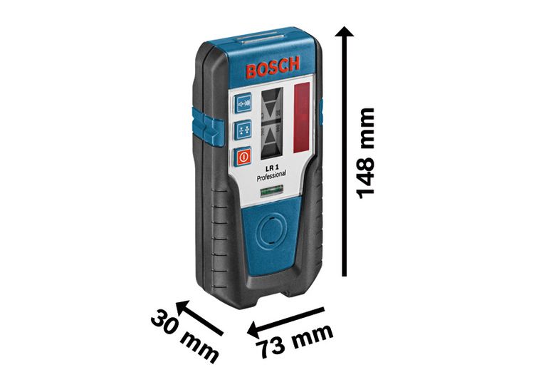 Bosch LR 1 -laservastaanotin mittoineen kuvassa.