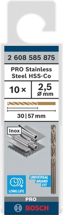 Bosch PRO ruostumattomasta teräksestä valmistettu HSS-Co 2,5 mm:n poranteräpakkaus.