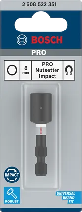 Bosch PRO -iskuhylsyavaimella varustettu 8 mm:n kuusiokolovarsi.