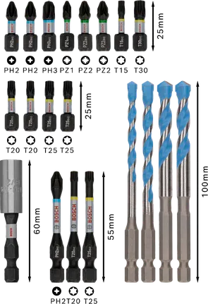 Bosch PRO Impact -sekoitussarja, 20 osaa, sisältää ruuvimeisselin ja poranteriä.