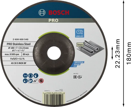 Bosch PRO ruostumattomasta teräksestä valmistettu hiomalaikka 180 x 6 x 22,23 mm.