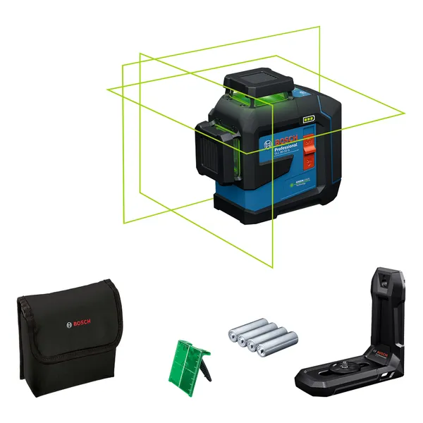 Bosch GLL 80-33 G -laservaaituslaite lisävarusteineen.