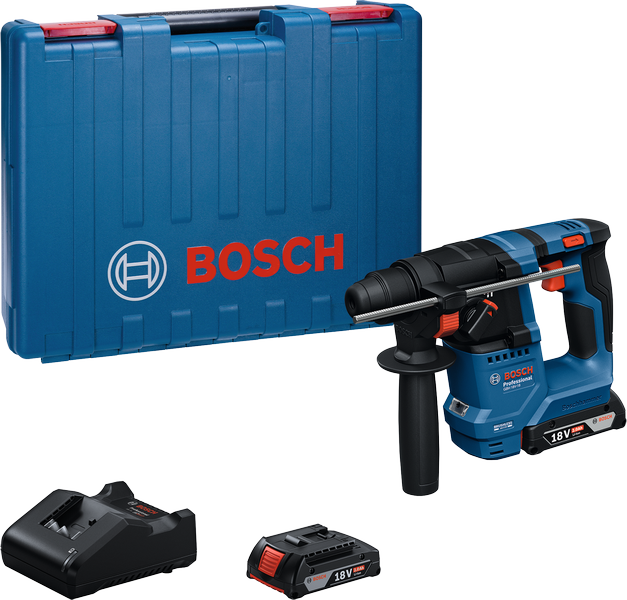 Bosch GBH 18V-18 poravasara akulla, laturilla ja laukulla.