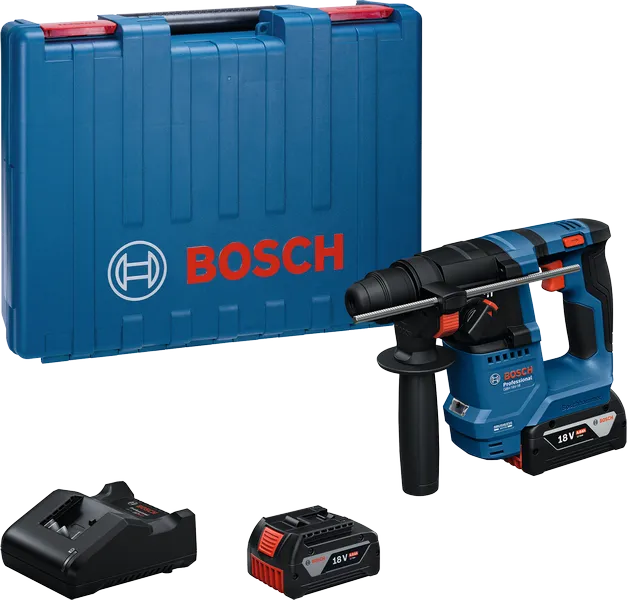Bosch GBH 18V-18 poravasara akulla, laturilla ja laukulla.