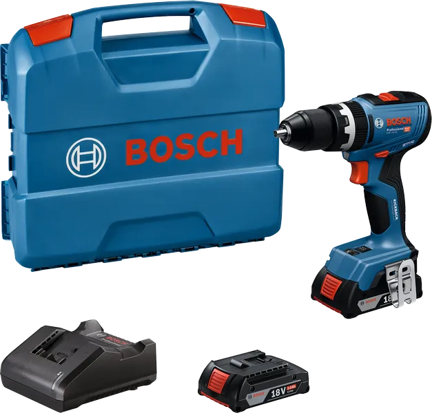 Bosch GSB 18V-65 akkuporakone ja 18 V akku.