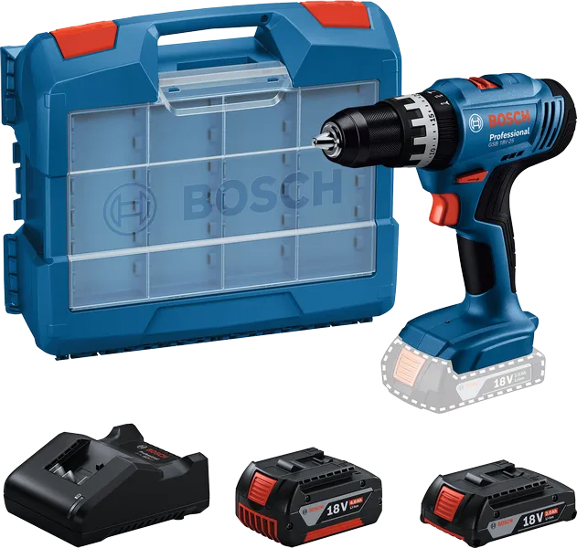 Bosch GSB 18V-25 akkuporakone/ruuvinväännin sarja kotelossa.