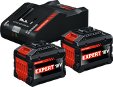 Bosch aloitussarja, johon kuuluu kaksi 18 V 15 Ah akkua ja laturi.