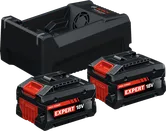 Bosch aloitussarja, johon kuuluu GAL 12V/18V-80 -laturi ja kaksi 18 V:n 5,5 Ah:n akkua.