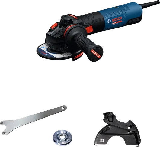 Bosch kulmahiomakone EXWS20-125TSB lisävarusteineen.